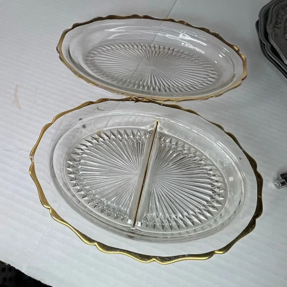 Lot of 2 Midcentury starburst pattern gold trimmed relish dishes